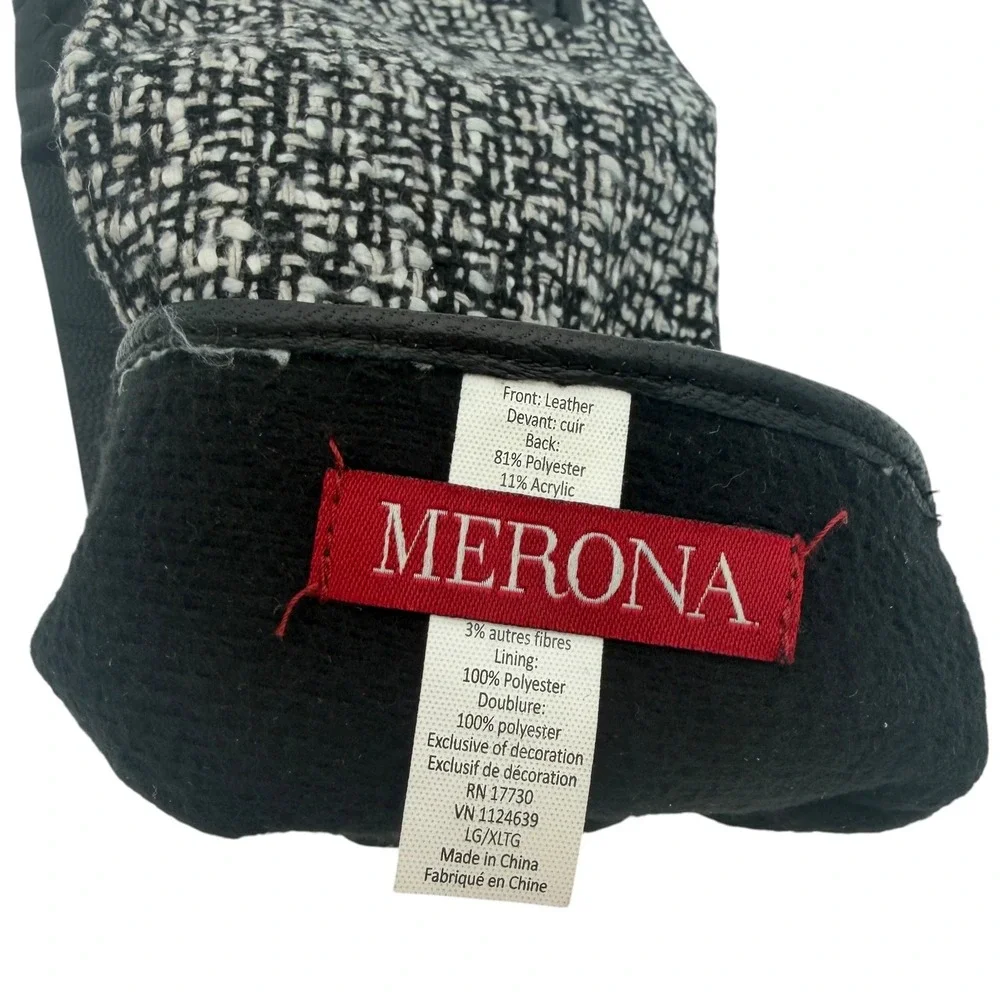 Merona Leather Herringbone Gloves Black White L/XL Lined Womens